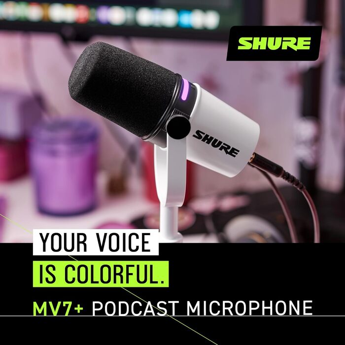 Мікрофон Shure MV7+ Gen 2 для подкастів, стрімінгу та запису – білий. USB/XLR, LED-сенсор, авто-регулювання рівня, цифровий поп-фільтр