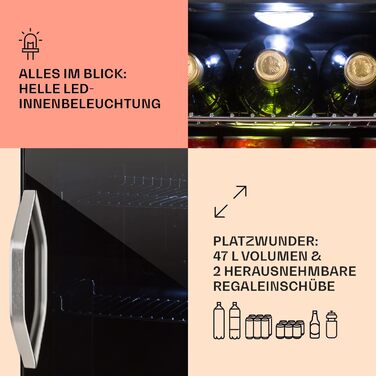 Міні-холодильник Klarstein з дверцятами зі скла, для кімнати, холодильник для напоїв, регульовані полиці, маленький 47 літрів, для приміщення/зовнішнього використання, тихий, 47 л, чорний