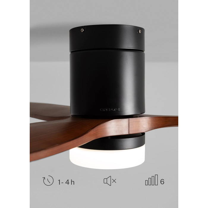 Стельовий вентилятор CREATE WINDCALM з LED-освітленням та пультом ДК, 40 Вт, Ø112 см, 6 швидкостей, 3 режими світла, режим літо/зима, чорний з темним деревом