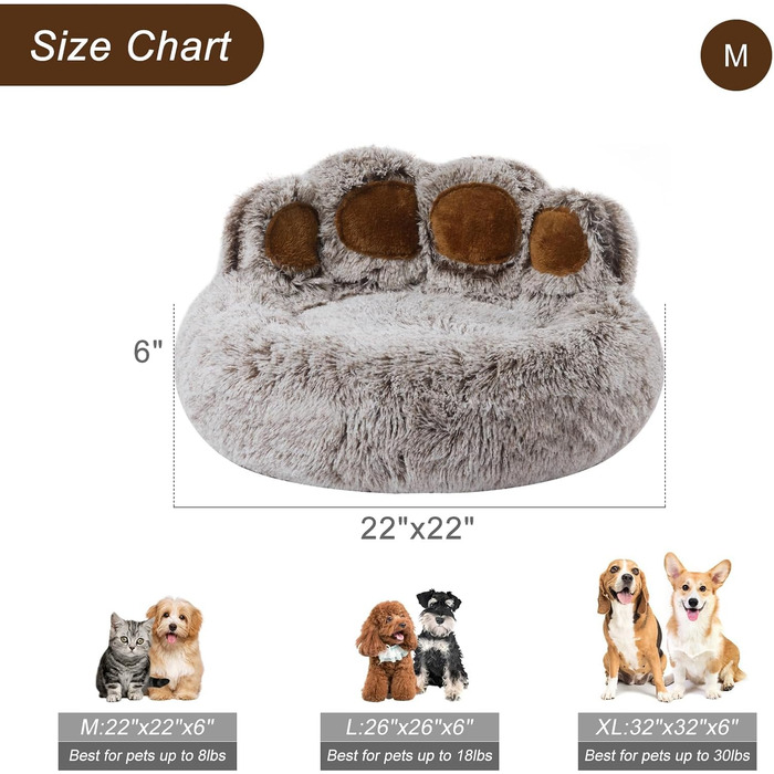 Jiupety Pet Round Dog Bed in Paw Shape, Soothing Donut Dog Bed, Faux Fur Cat Bed, Medium Size. The diameter is 56cm, comfortable and soft, machine washable, grey.