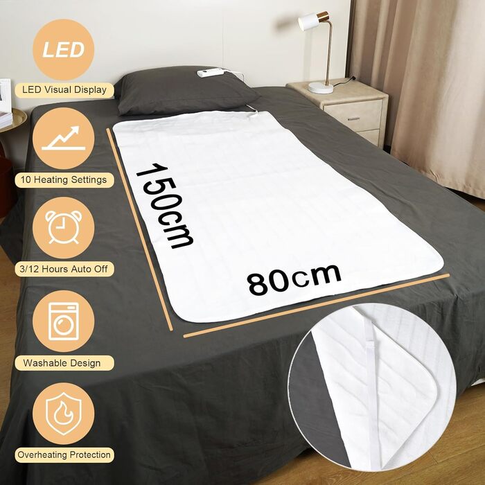 Електрична грілка DOEL 150x80 см, 10 режимів нагріву, таймер, машинне прання, 115W