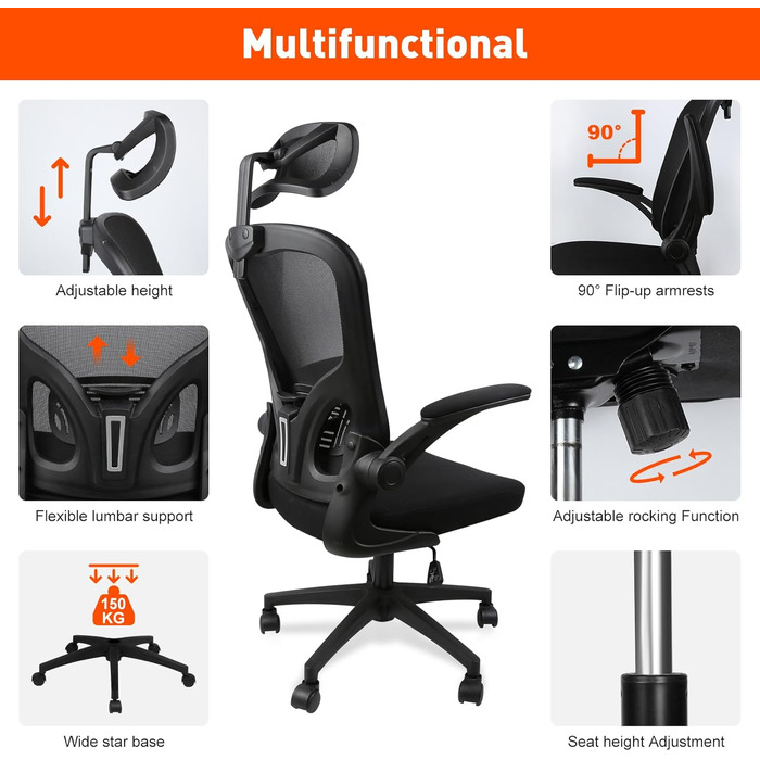Ергономічне крісло для офісу HANGHAIGO, чорне, з підголівником, підлокітниками та підтримкою попереку, регулювання висоти, функція гойдання 90°-120°, максимальне навантаження 150 кг