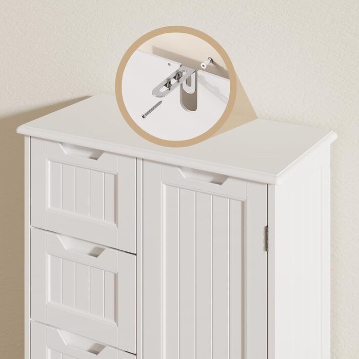 Bealife Bathroom Cabinet, Narrow Vanity Storage Cabinet with 4 Drawers, Cupboard Door, Adjustable Partition, Suitable for Bathroom, Living Room, Kitchen, Hallway