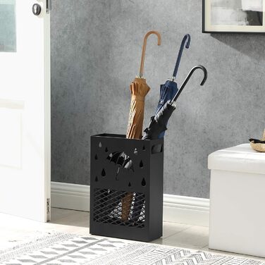 SONGMICS Metal Umbrella Stand with Water Tray, 4 Hooks, Cutout Design - Black for Entryway & Office