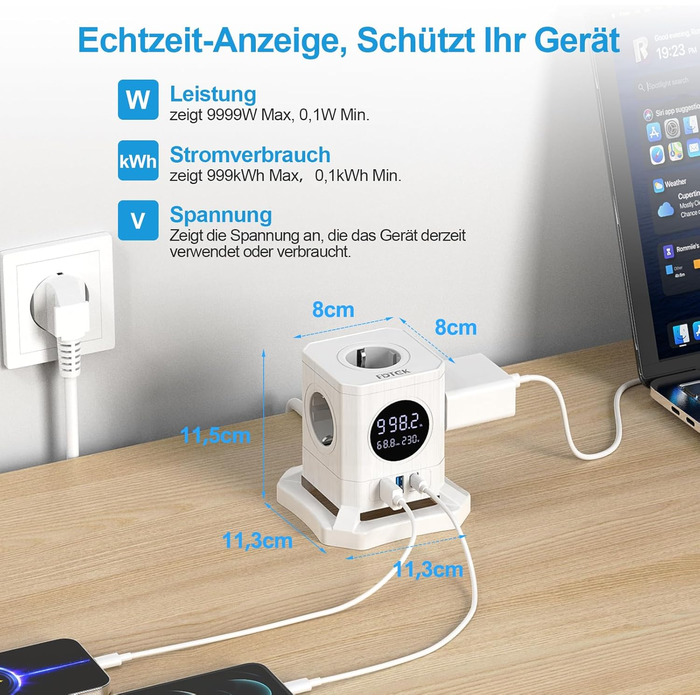 Багатофункціональний USB-хаб FDTEK з 1 USB-C та 2 USB-A, 7 розеток, LCD-дисплей, 1.8м кабель, 2500W/10A, білий