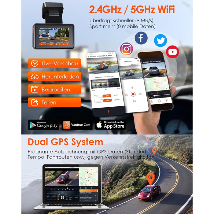 Відеореєстратор VANTRUE E2 Dual 2.7K+2.7K з GPS, WiFi та пультом керування. Подвійний об'єктив, нічне бачення, паркувальний режим, G-сенсор, підтримка карт пам'яті до 512GB