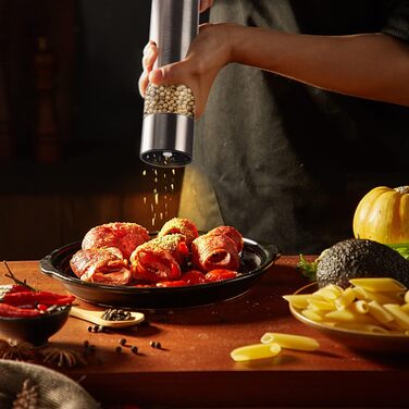 Електричні соляні та перечні мельниці 2 шт. з нержавіючої сталі, регулювання помелу, світлодіодне підсвічування (сріблясті)