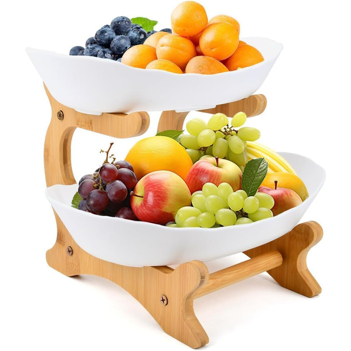 Керамічна фруктова тарілка-етажерка на 2 яруси MEESOGA з бамбуковою підставкою для кухні | Фрукти, овочі, снеки