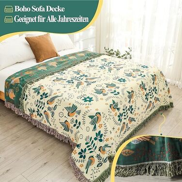 HOORDRY Boho Throw Blanket for Bed - 100% Cotton Ultra Soft Rustic Quilt - Bird Floral Printed Farmhouse Decor Bedspread, All Season Rustic Throw for Sofa Couch Chair Green Bird 230×250CM