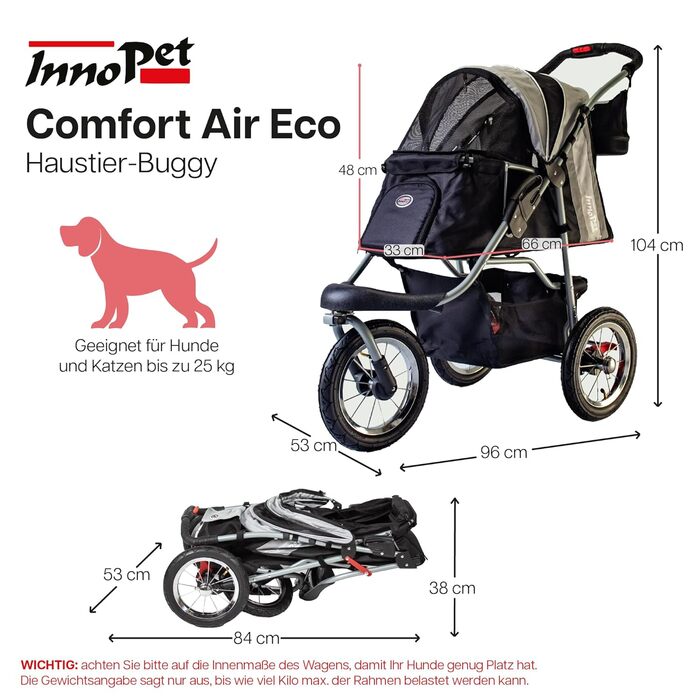 Візок для собак Innopet Comfort Air Eco чорного та срібного кольорів – візок для собак/кішок з колесами діаметром 30 см, складається в одну руку, підходить для лісових стежок – світловідбиваючі смуги, органайзер, перероблений нейлоновий матеріал
