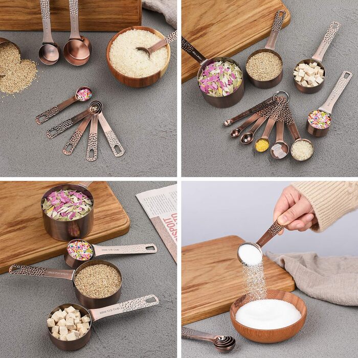 Copper Measuring Cups and Spoons Set, Stainless Steel Measuring Cups and Spoons Set for Baking and Kitchen, Cute Metal Measuring Cups and Spoons with Leveler and 1/8 Cup