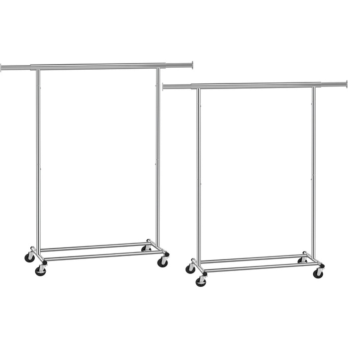 SONGMICS Heavy-Duty Clothes Rack, 2-Piece Set, Rolling Garment Rack, Holds up to 90 kg, with Extendable Wardrobe Rack, Folding Base, Shelf for Boxes, Silver HSR013S02