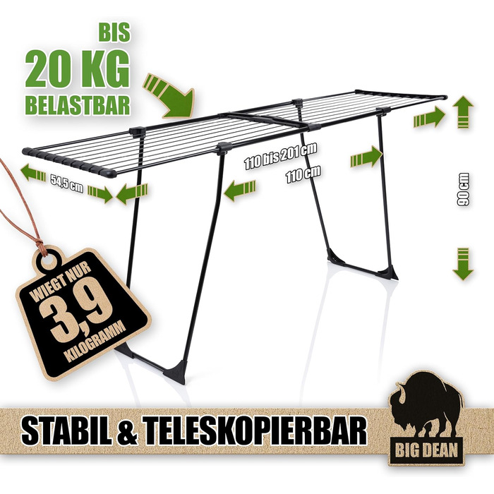 Розсувна сушарка для білизни BigDean 200 XXL, телескопічна сушарка з довжиною 20м та затискачами для дрібних речей, чорна, посилена