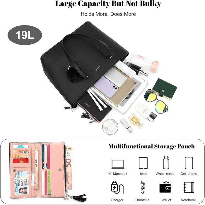 Сумка жіноча TANTOMI з гаманцем: для офісу, школи, покупок, велика, чорна, з пензликом та помпоном з штучного хутра