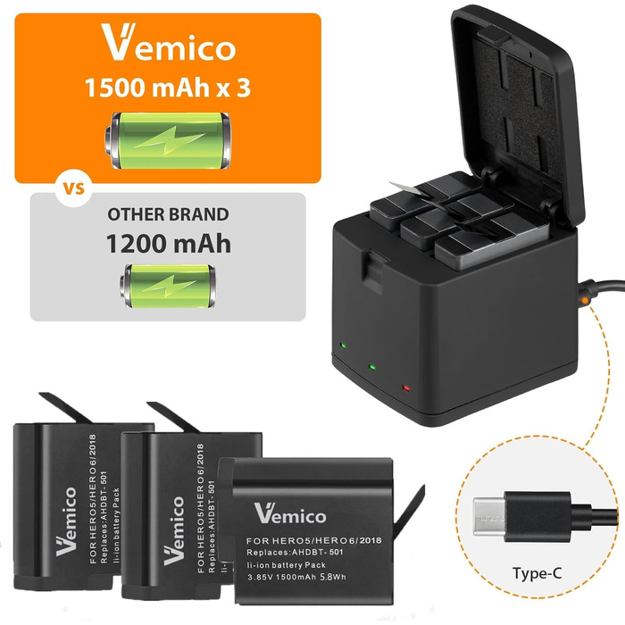 Зарядний комплект Vemico Hero 7/6/5: 3 акумулятори 1500mAh, зарядний пристрій з LED, Type-C, сумісний з Hero 7/6/5/2018, AHDBT-501