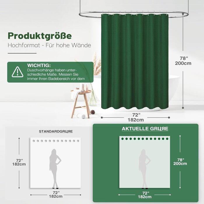 Шторка для душу BTTN, вафельна тканина, 180x200 см, антигрибкова, важка, водонепроникна, з 12 гачками, зелена