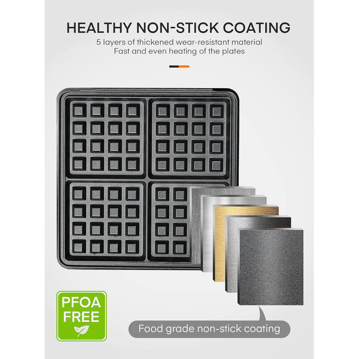 Вафельниця FOHERE з 4 пластинами, 1200W, бельгійські вафлі, антипригарне покриття, регулятор засмаги, нержавіюча сталь – ідеально для сімейного сніданку, чорний