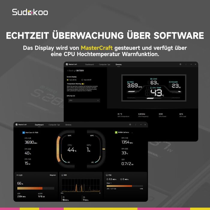 Система охолодження CPU Sudokoo SK700V AM5: Кулер для ПК з дисплеєм, 120мм вентилятор, 7 heatpipes, сумісний з AM5, безперешкодний доступ до RAM, 5 років гарантії, чорний