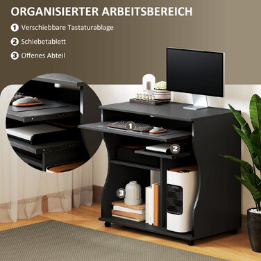 HOMCOM Computer Desk, Rolling Desk, Office Desk with Keyboard Tray, Storage, PC Table Black 80 x 48 x 75 cm | Aosom
