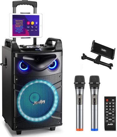 Moukey Karaoke Машина MK3021: Караоке система з вокером 26см, твітером 8см, 2 мікрофонами, Bluetooth, світло, AUX/USB/TF/FM