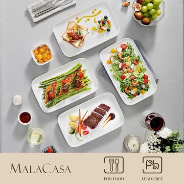 MALACASA Porcelain Serving Platter, Serving Tray 4-Piece Set, Rectangular Large Serving Platter for Buffets, Sushi, Cakes, Appetizers at Home/in Restaurant, 30 x 18 cm White (White, 4-Piece)