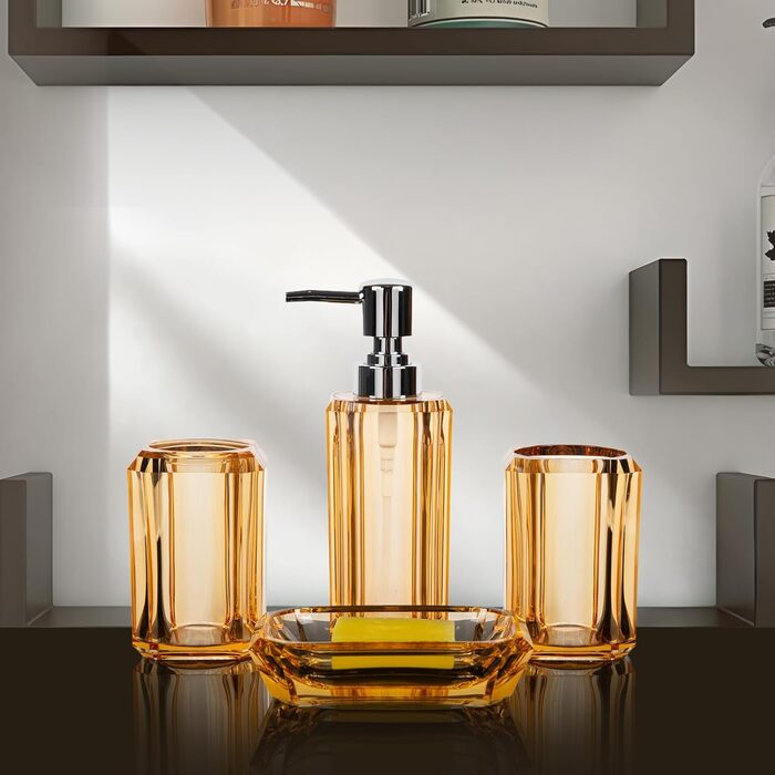 Набір аксесуарів для ванної кімнати з акрилу преміум-якості (4 шт.): дозатор для миючого засобу, диспенсер для лосьйону, мильниця, стакан для ополіскувача, стакан для зубної пасти (чорний/золотий)