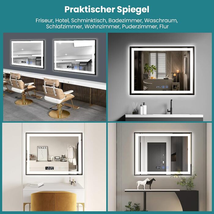 Дзеркало для ванної кімнати YU YUSING 60x80 см з підсвічуванням, проти запотівання, 3 кольори світла, регулювання яскравості, LED, годинник, IP44, металевий каркас, вертикальне, срібне