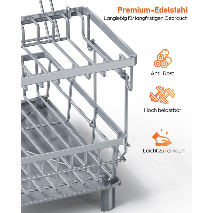 LIONONLY Dish Drying Rack, Small 2-Tier Dish Rack with Drip Tray, Stainless Steel Dish Drying Rack with Utensil Holder, Drink Holder and Swivel Spout, Dish Drying Stand Kitchen