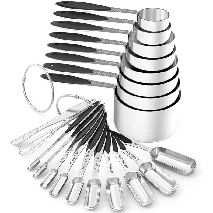 Measuring cups and spoons – Wildone stainless steel 20-piece stackable set, includes 8 black measuring cups, 10 measuring spoons, 1 leveler, and 1 whisk, for dry and liquid ingredients