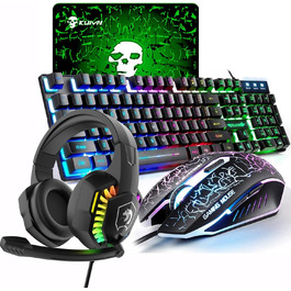 Ігровий набір клавіатури та миші UK-Layout 4-в-1 з підсвічуванням RGB, миша 2400 DPI, навушники + килимок для миші, чорний
