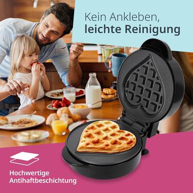 Вафельниця ADE Mini Heart Shape - вафлі у формі серця, 550W, антипригарне покриття, чорний, 2024