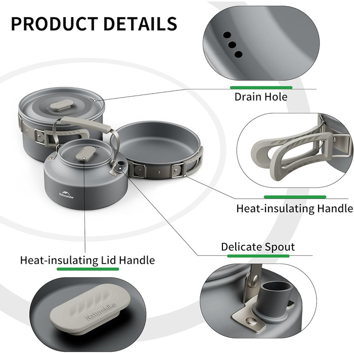Набір посуду Naturehike для кемпінгу та приготування їжі (2-7 осіб) - котел, каструля, посуд для пікніків, BBQ, походів