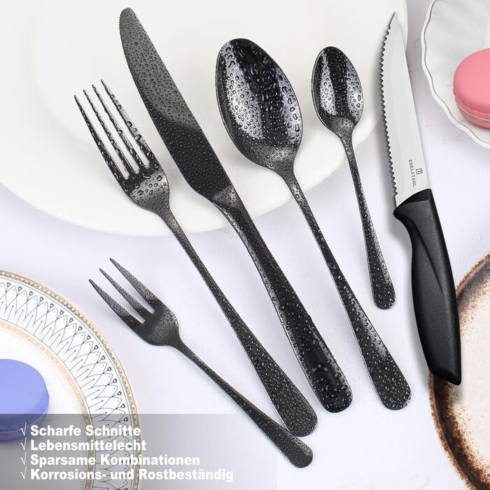 Набір столових приборів на 6 осіб, Targzier, 36 предметів, нержавіюча сталь, з ножем для стейка, преміум-якість, для сім'ї/вечірки/готелю, чорний, придатний для миття в посудомийній машині