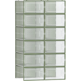 SONGMICS Shoe Boxes, 12-Piece Set, Plastic Shoe Organizer, Foldable and Stackable, for Shoes up to Size 44, Transparent-White LSP12SWT (12-Piece Set for Shoes up to Size 44, Transparent + Laurel Green)