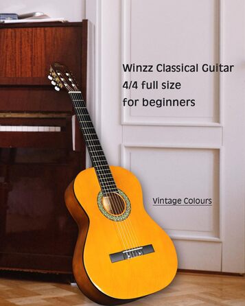 Кітара класична Winzz 4/4 для дорослих та дітей (від 11 років), набір для початківців, чорний глянцевий, 39 дюймів