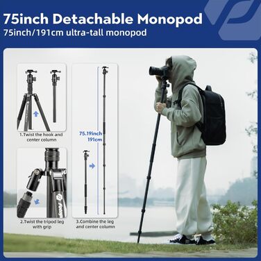 Карбоновий штатив для камери Fotopro 185,4 см, компактний дорожній трипід з кулягою, знімним моноподом, швидким роз'ємом та сумкою, витримує до 10 кг