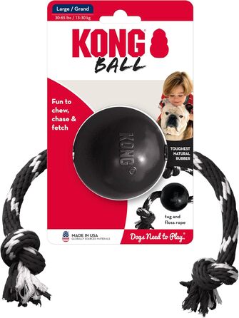 KONG Extreme Ball з мотузкою – міцна іграшка для собак із натурального каучуку, для великих порід, чорна