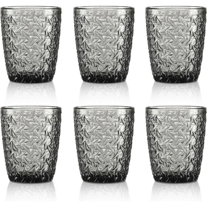 Joeyan 300 ml Gray Water Glasses with Embossed Design, Modern Drinking Glasses Juice Glasses Tumblers, Dishwasher-Safe Glasses Set of 6