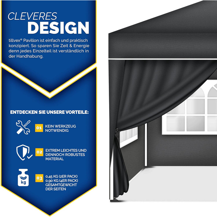 tillvex® 4-Sided Wall for Gazebo 3x3m | Foldable Gazebo Side Walls Water-Repellent | Side Windows & Zipper | Side Walls for Garden Tent Party Tent