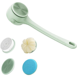 Multifunctional electric bath brush, shower brush, double handle, 4 interchangeable heads for cleaning (Green)