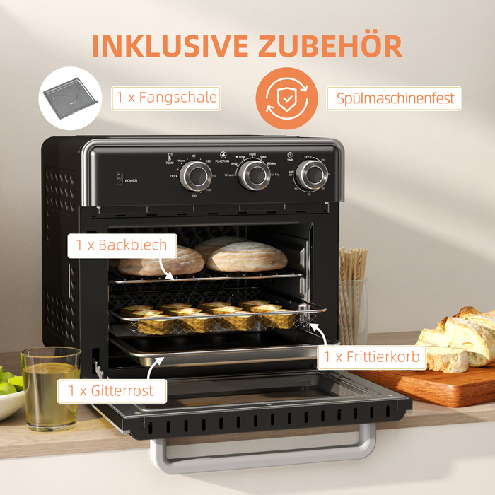HOMCOM 20L Convection Mini Oven with Baking Tray, Grill Rack, and Crumb Tray, 90°C-230°C Air Fryer with 5 Modes, Frying Basket, 60 Min. Timer, 1400W, Metal | Aosom