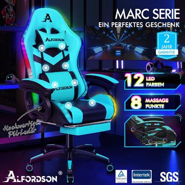 Ігровий крісло ALFORDSON з 8-точковим масажем, RGB LED-підсвічуванням (12 кольорів), ергономічний офісний крісло з підніжкою, підголівником та поперековою подушкою для дітей та дорослих, з PU-шкіри (Цянь)
