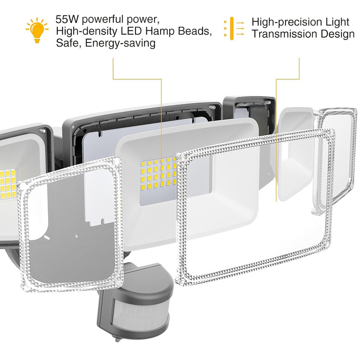 Onforu LED Floodlights with Motion Sensor Outdoor 55W, 5000 LM LED Floodlight, Outdoor Spotlight with Adjustable 3 Heads, 6500 K Cool White Spotlight, IP65 Waterproof Floodlight for Garage, Garden, Yard (Gray)