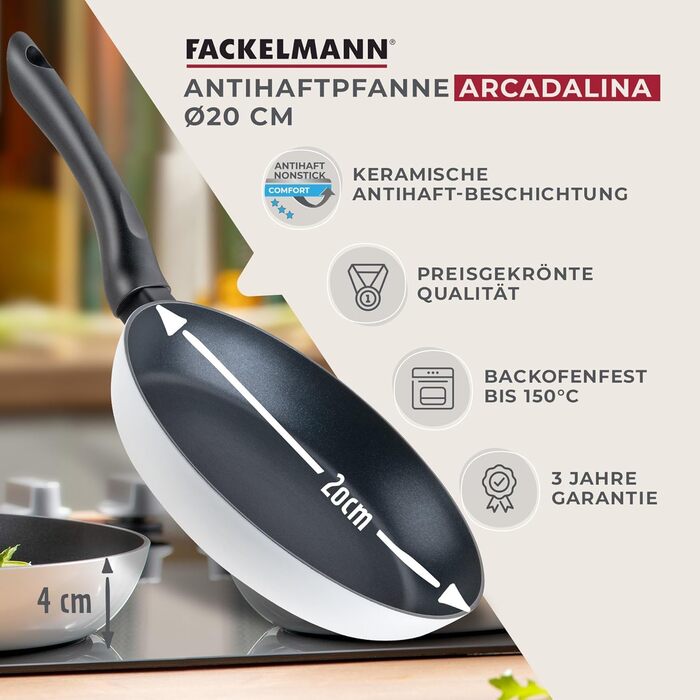 Сковорода Fackelmann Arcadalina 24 см з антипригарним покриттям - з 90% переробленого алюмінію та керамічним покриттям, індукційна, для приготування та обсмажування, без PFAS, чорно-біла