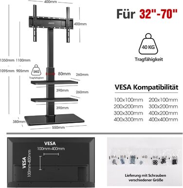 AOKCOS TV Stand for 32-70 inch Flat & Curved TVs - Adjustable Height, Swivel, Tilt, 3-Tier Shelves, VESA 400x400, up to 40kg (White/Black)