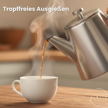 Заварник для чаю Teekanne з ситечком, 1 л, нержавіюча сталь, з функцією підігріву та пробковим підстаканником, двостінний чайник для листового чаю та трав'яних настоїв