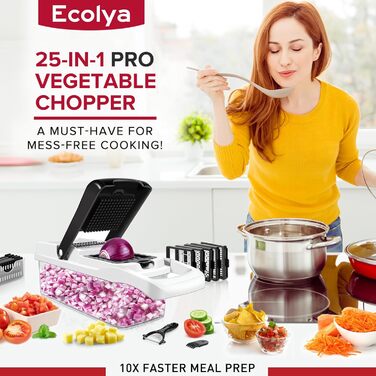 Ecolya 22-в-1 Багатофункціональний набір для нарізки овочів: нарізчик, спіралізатор, мандоліна, шинкувальник, нарізчик картоплі, нарізчик з хвилястим краєм, 13 сталевих лез