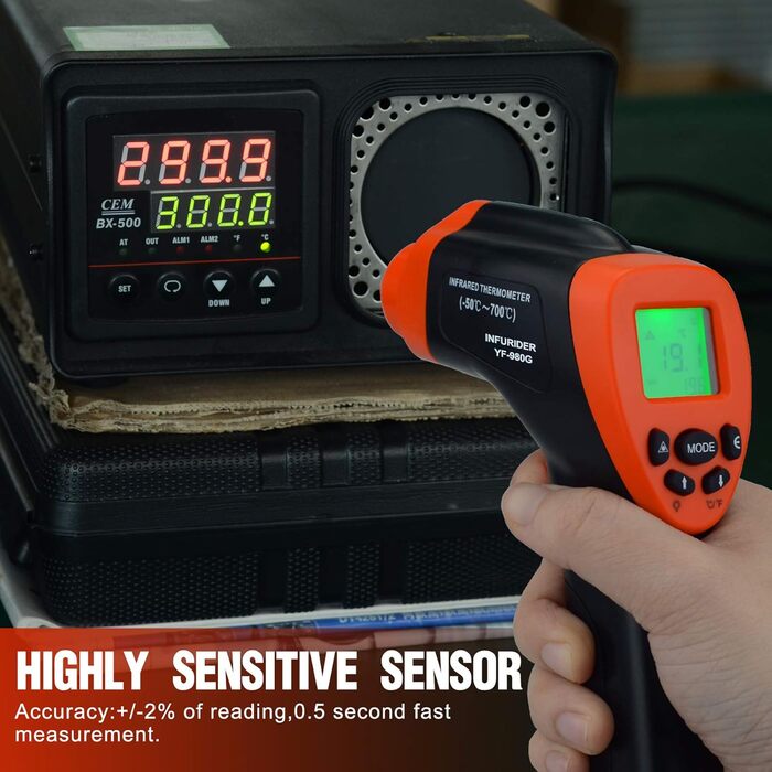 Інфрачервоний термометр 30:1 з лазером та додатком, IR термометр -50℃-1600℃, 8-14μm, безконтактний, Max/Min/Avg/DIF (980G)