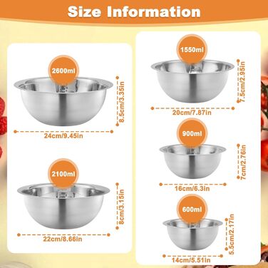 Набір з 5 чаш для перемішування з нержавіючої сталі з мірними позначками, ергономічний дизайн, стійкі до морозу, безпечні для миття в посудомийній машині. Металеві чаші для випічки, приготування їжі, салатів та зберігання продуктів.