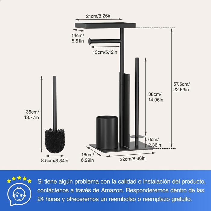 Тримач туалетного паперу з щіткою для унітазу, чорний матовий (з контейнером для серветок та скляною полицею)